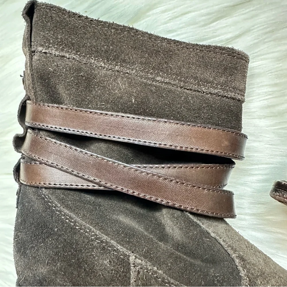 Frye Jane Strappy Oiled Suede Leather Heeled Short Boot Brown Women Size 5 1/2
